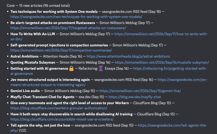 A Cove digest in Discord: a header reading 15 new articles, 96 unread total, followed by a bulleted list of article titles with feed name, date, and link