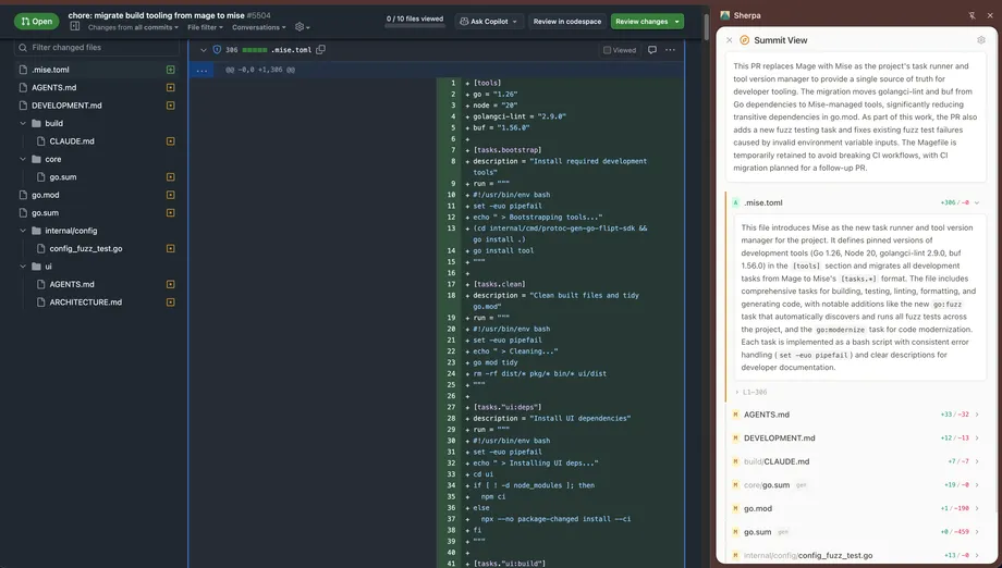 Sherpa sidebar open alongside a GitHub pull request diff view