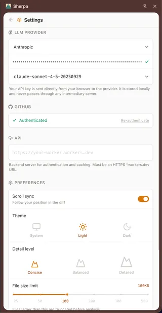 Sherpa settings panel showing provider selection and API key configuration